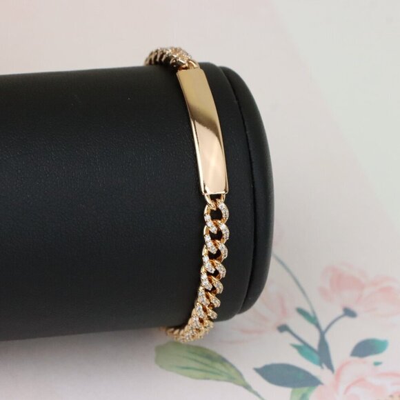 "Rose Gold Polished ID Bracelet with Pave Cuban Chain Design, XPBL0943 - Picture 5 of 11